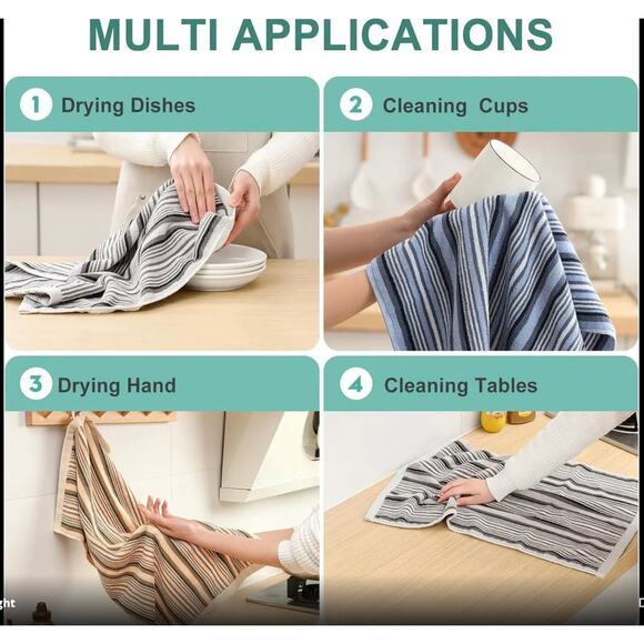 6 Pack Large Cotton Kitchen Towels Set – Absorbent Striped Dish Drying Cloths - Picture 4 of 8